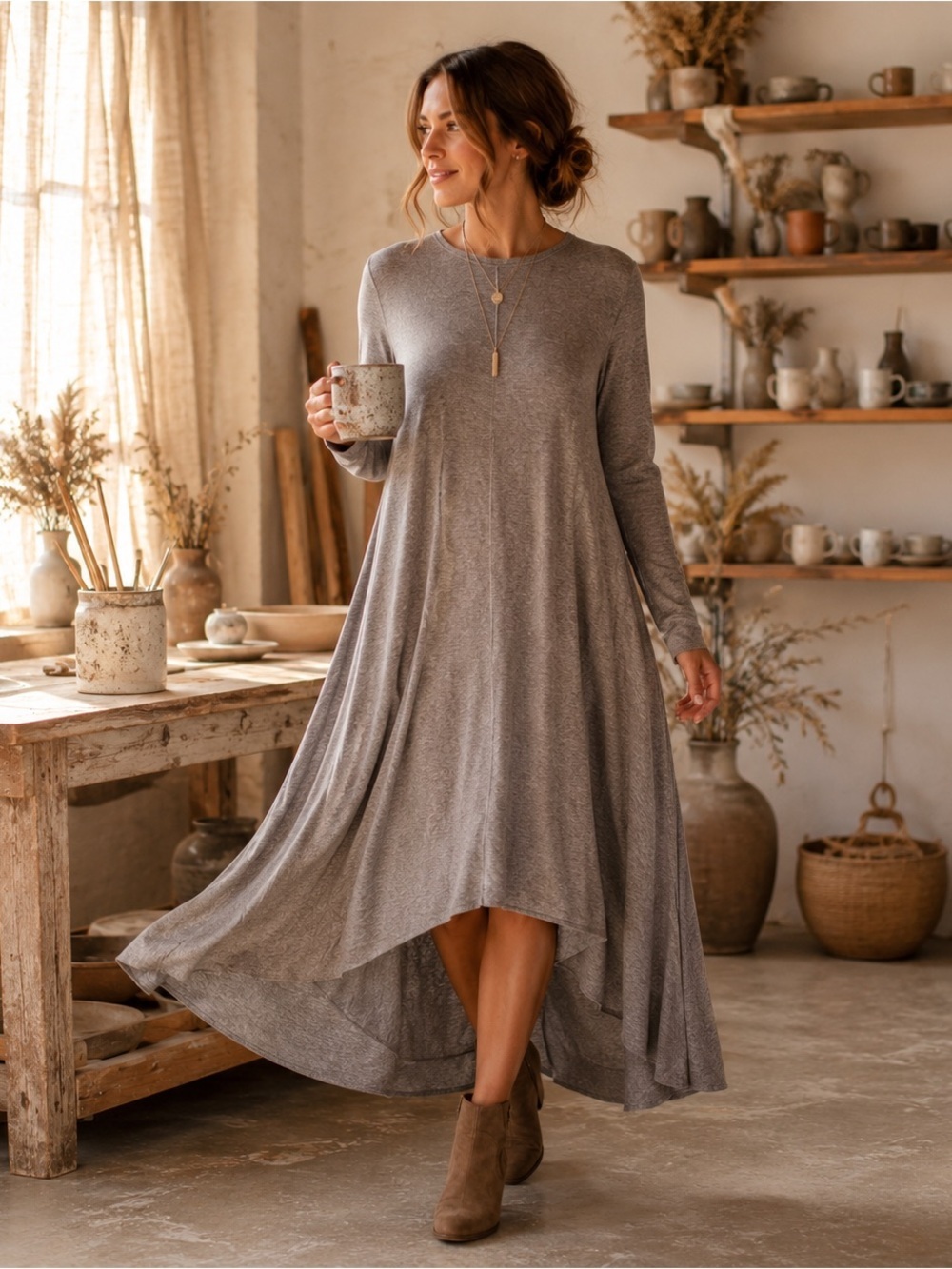 Agnes & Dora Brushed Hacci Boho Swing Dress Hi Lo Mauve Gray XS